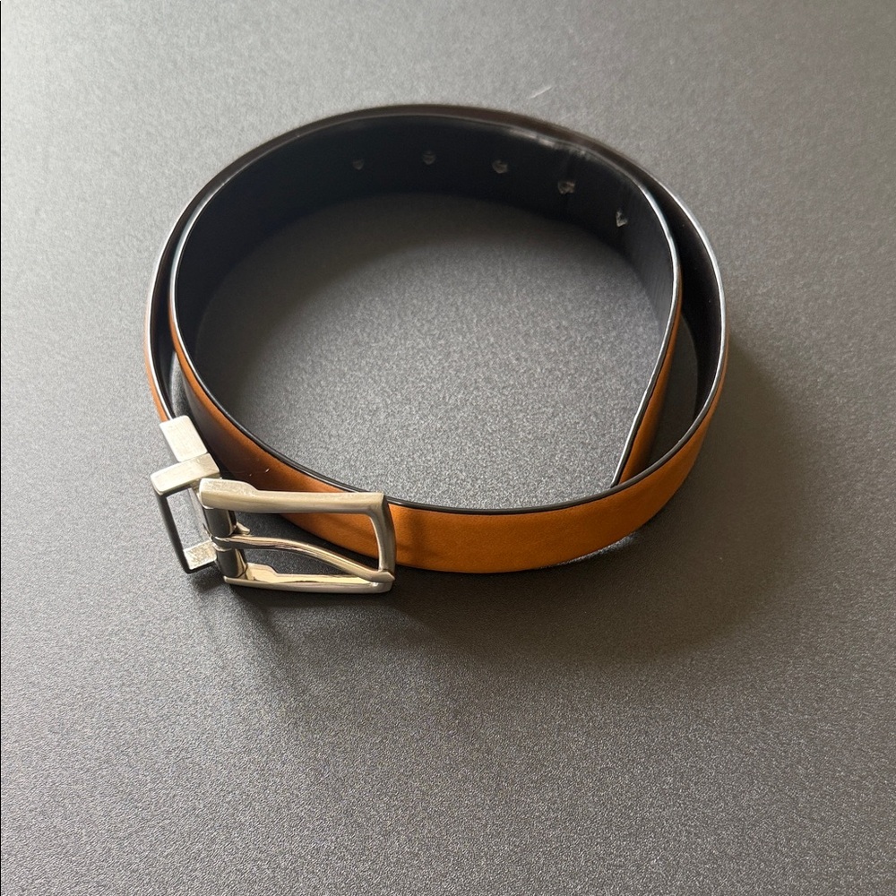 Men's Reversible Tan and Black Leather Belt with Silver Buckle